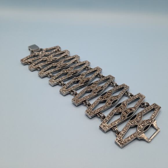 Vintage Art Deco Faux Marcasite Rhinestone Wide Bracelet, 7 1/4 Inches, 1980s - Picture 5 of 9